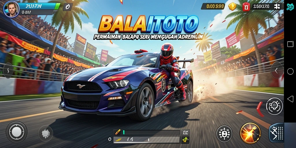 Screenshot utama BALAITOTO menampilkan aksi balapan seru yang mendebarkan.