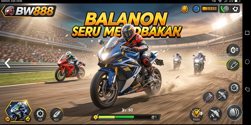 Gameplay BW888 menunjukkan balapan motor yang mendebarkan.