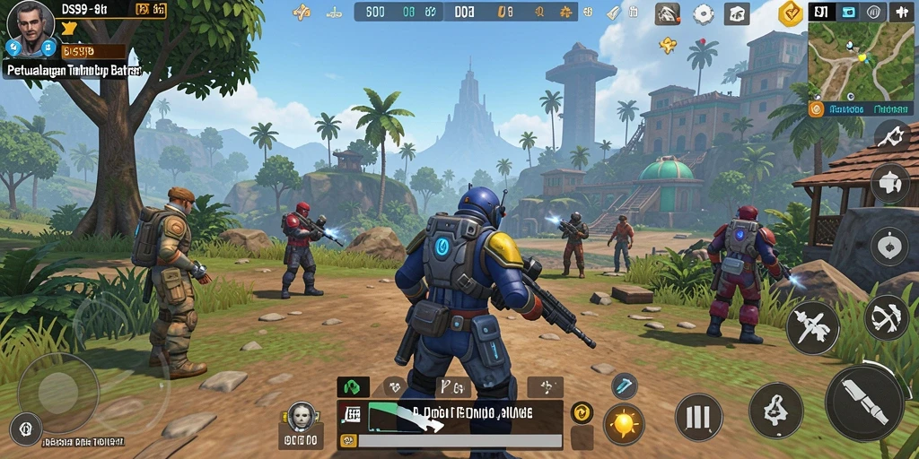 Screenshot gameplay DS99 menampilkan eksplorasi dunia terbuka yang luas.
