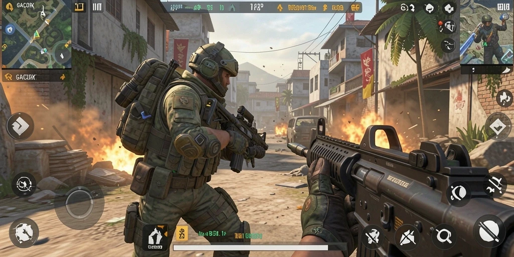 Tampilan gameplay menegangkan di GACORX dengan aksi FPS intens.