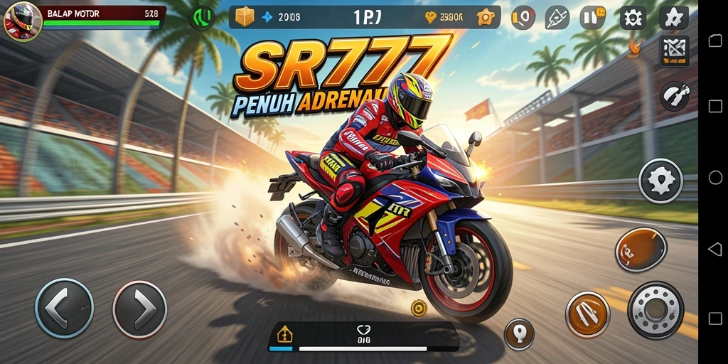 Screenshot utama SR777 menampilkan aksi balap motor yang intens.