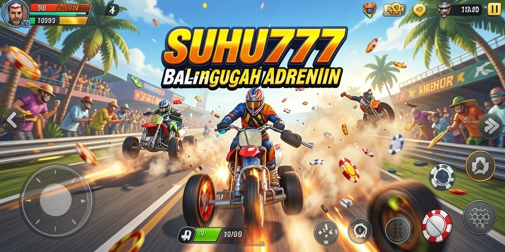 Screenshot gameplay SUHU777 menunjukkan kecepatan dan aksi balapan yang mendebarkan.